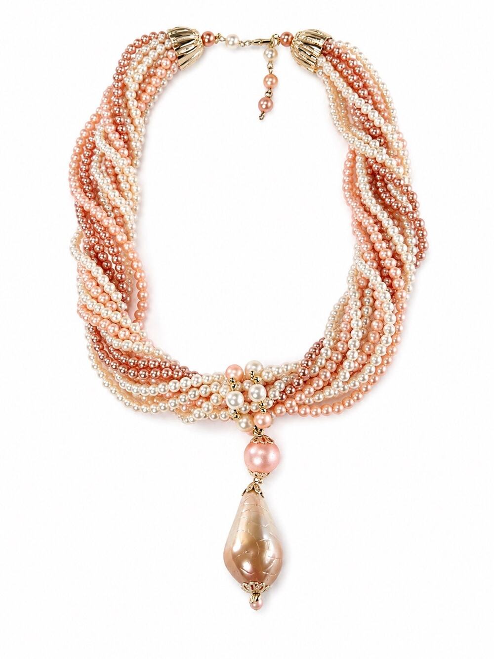Vintage 1950s 60s JAPAN Multi Strand Faux Pearl Torsade Necklace Pink Teardrop